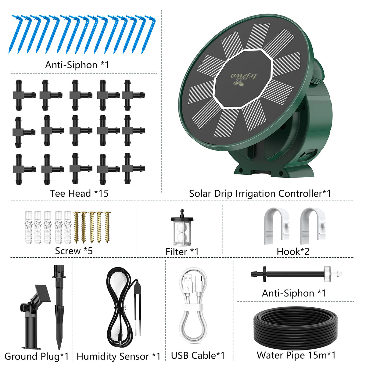 Solar Drip Irrigation Watering Sytem, with Dual Supply Option Solar-Powered&USB Charging, Multiple Watering Programs, DIY Watering Kit with Alarm Clock&15 Dripper for Potted Plants/Garden/Lawn ﻿