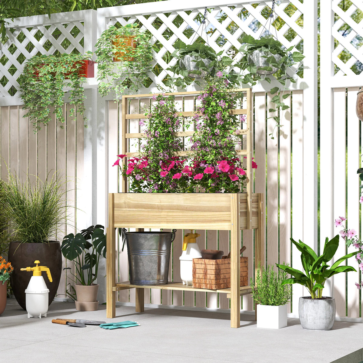 Wooden Raised Planter Box with Trellis, Raised Flower Bed with Storage Shelf, Outdoor Garden Planter for Vegetables, Flowers, Herbs