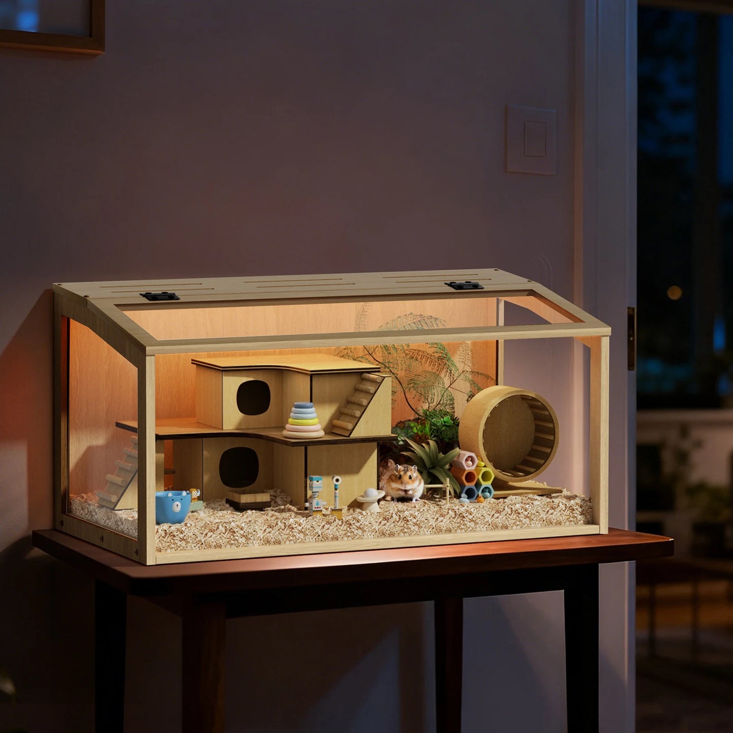 Bingopaw Wooden Hamster Cage With Tempered Glass And LED Light