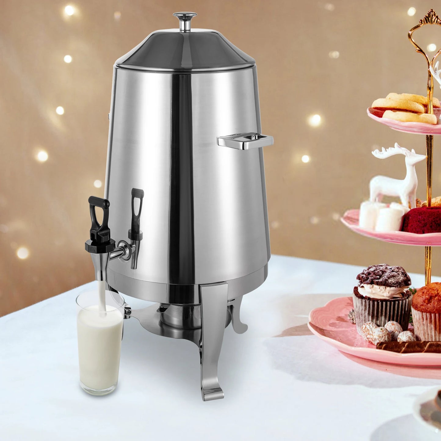 Alcohol Warmed Hot Drink Dispenser, Free Standing Stainless Beverage Container Insulated Anti-scald Handle Spill Control Tap Detachable Bottom Mounting Base Restaurant Buffet Milk Chocolate Holding Equipment
