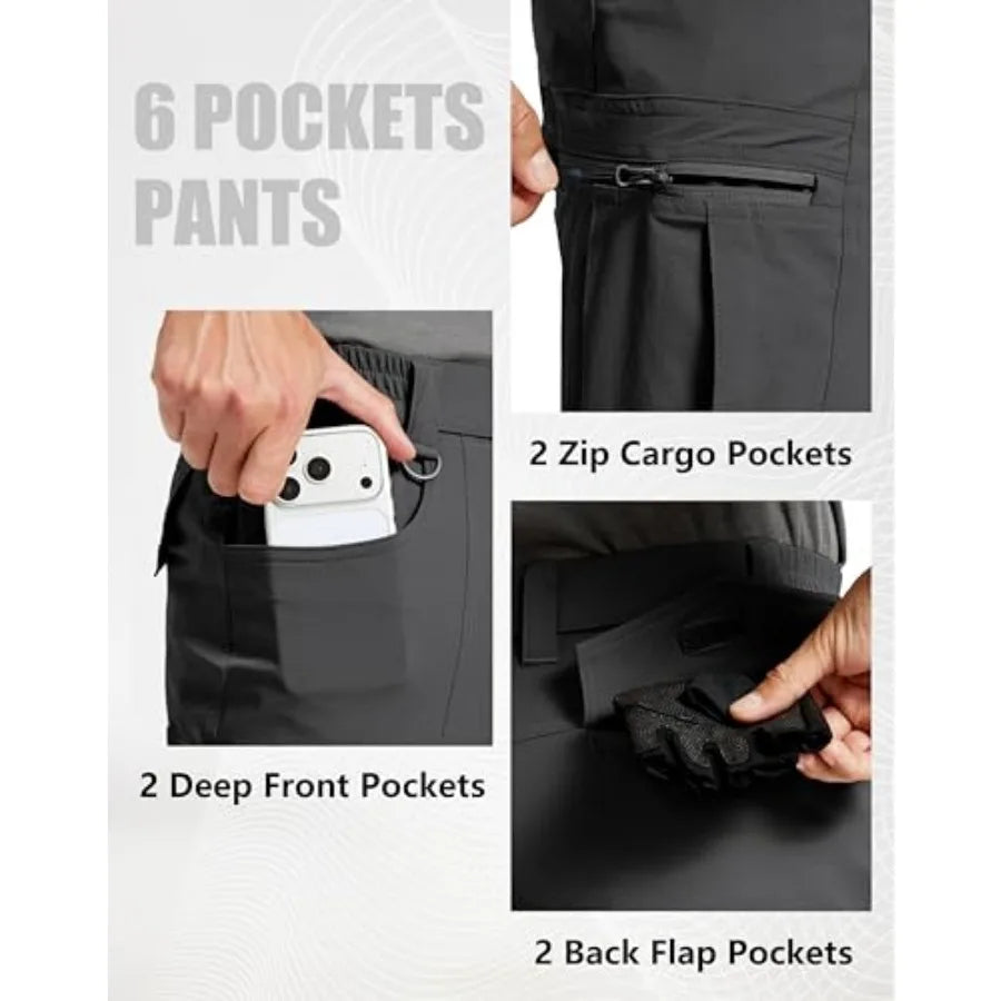 Men's Hiking Pants Lightweight Waterproof Nylon Cargo Work Pants Quick Dry Stretch Travel Fishing Pants 6 Pockets