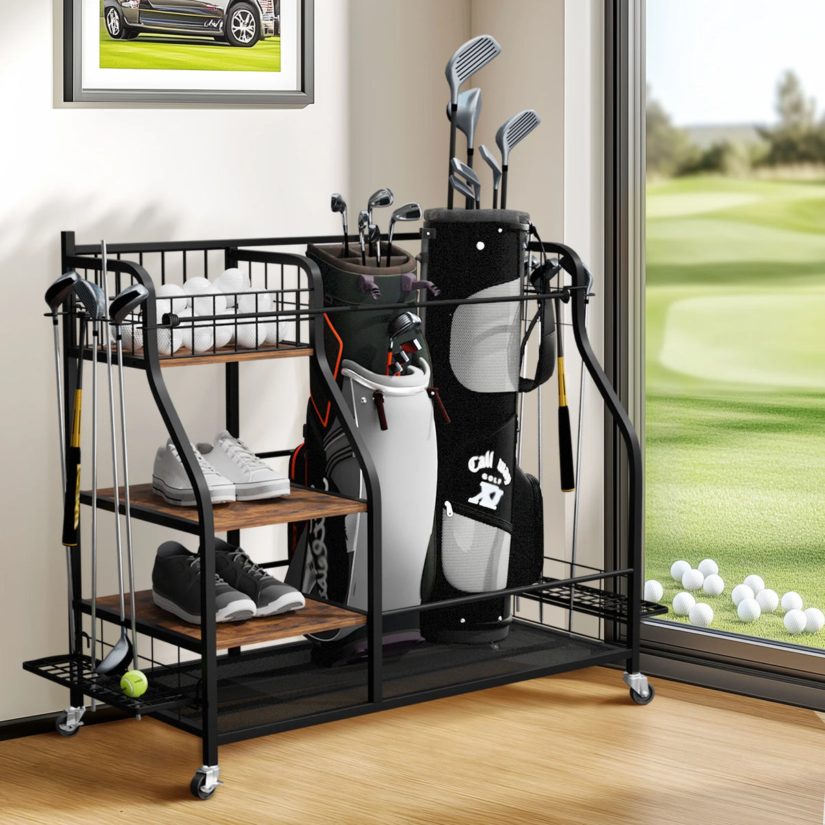 Metal Rolling Golf Bag Storage Shelf Rack With Wheels