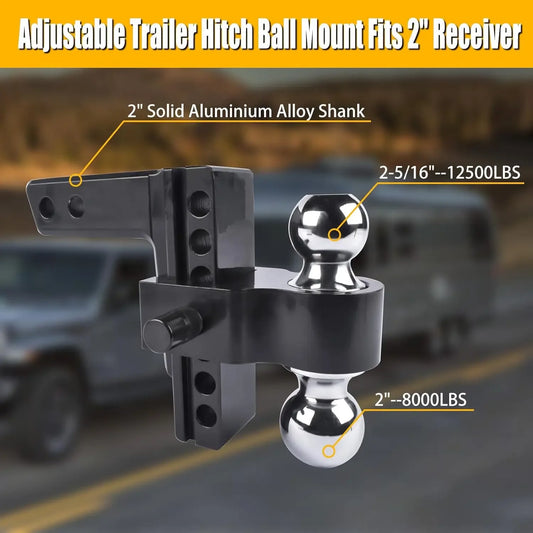 AP03 Black Adjustable Trailer Hitch Fits 2" Receiver, 6" Drop/Rise Aluminum Drop Hitch -12,500 LBS for Heavy Trucks