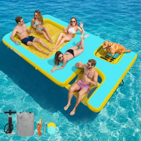 OLOEY Inflatable Floating Dock With Water Ramp Ladder And Hammock