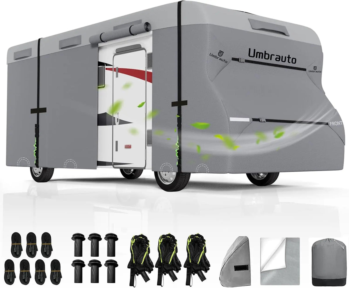 Umbrauto Class C RV Cover Fits 20-23’, Class C Motorhome Camper Cover, Heavy Duty 7 Layers Top Windproof Breathable RV Cover with 2 Pcs Extra Straps, Adhesive Repair Patches, 6 Gutter Covers