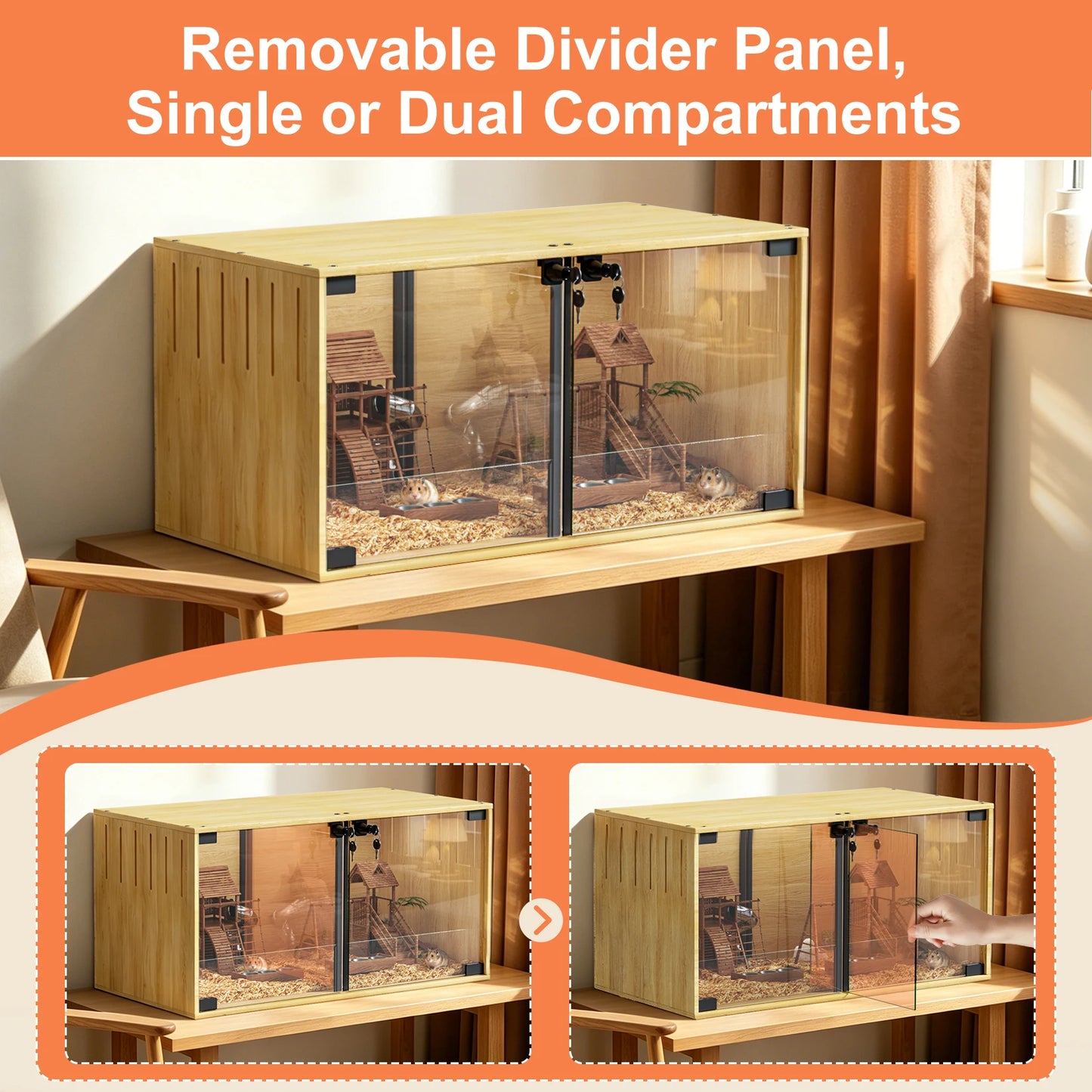 Wooden Hamster Cage Chew Proof Enclosure With Removable Divider