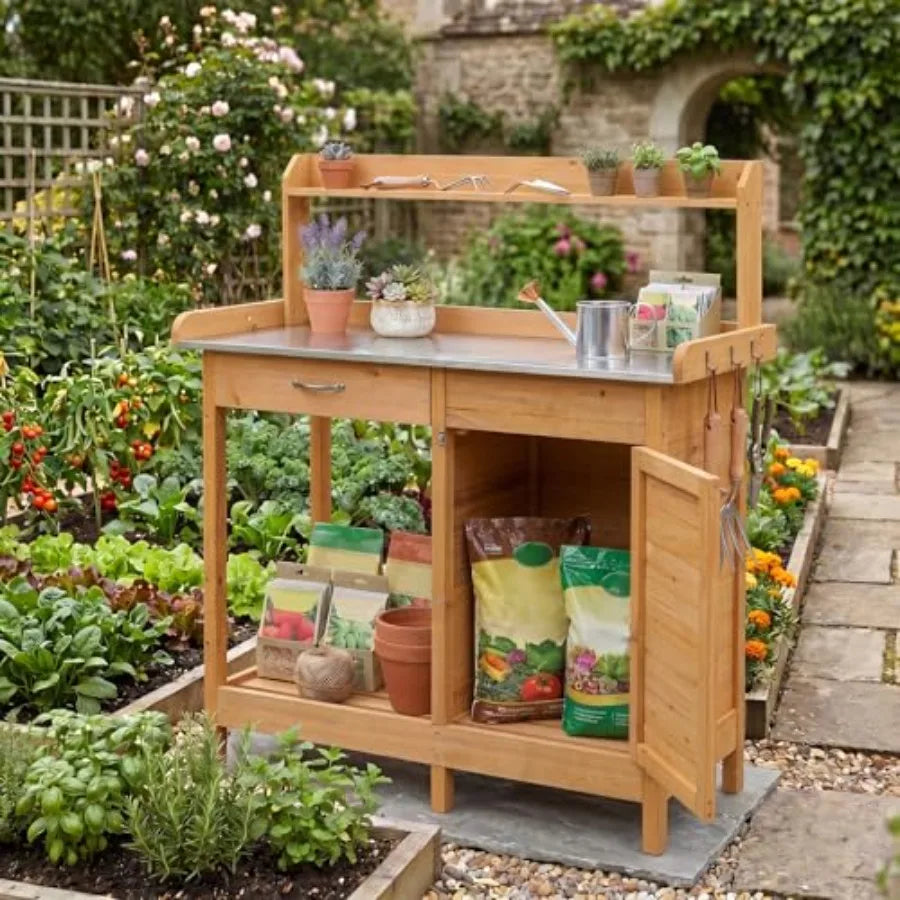 Potting Bench Table with Storage Cabinet Drawer Yellow Plant Workstation with Shelves 3 Hooks, Solid Fir Wood for Indoor Outdoo