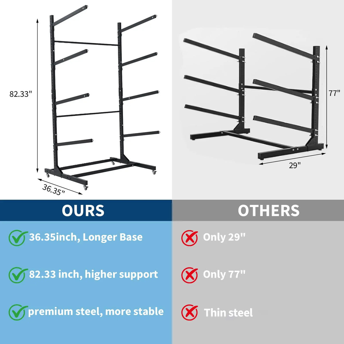 Heavy Duty Adjustable Kayak Storage Rack With Wheels For Garage