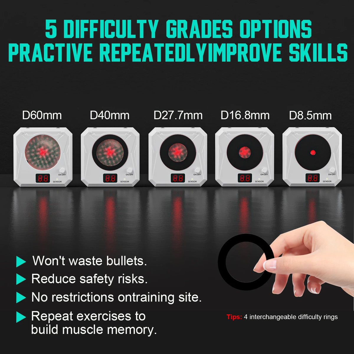 Portable rechargeable laser target, adjustable brightness and volume, five difficulty levels shooting training equipment.