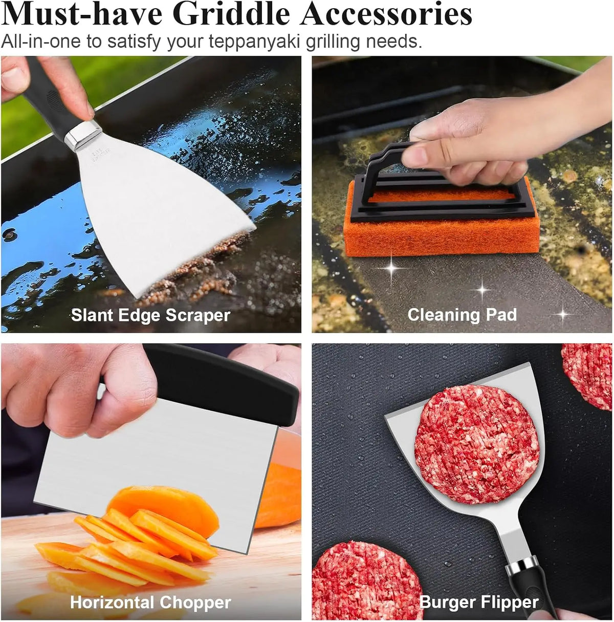 27Pcs Flat Top Griddle Accessories Kit Enlarged Spatula Set With Basting Cover & Burger Patty Press Portable Outdoor Camping Backyard BBQ Teppanyaki Hibachi Cooking Tools Gift Set