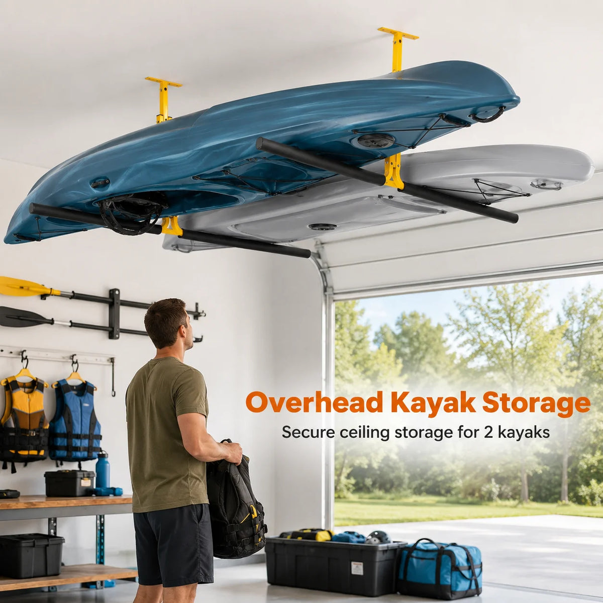 2PCS Overhead Kayak Storage Rack Ceiling Mount Adjustable Garage Hanger for 2 Kayaks Canoe Surfboard SUP Paddle Board Holder