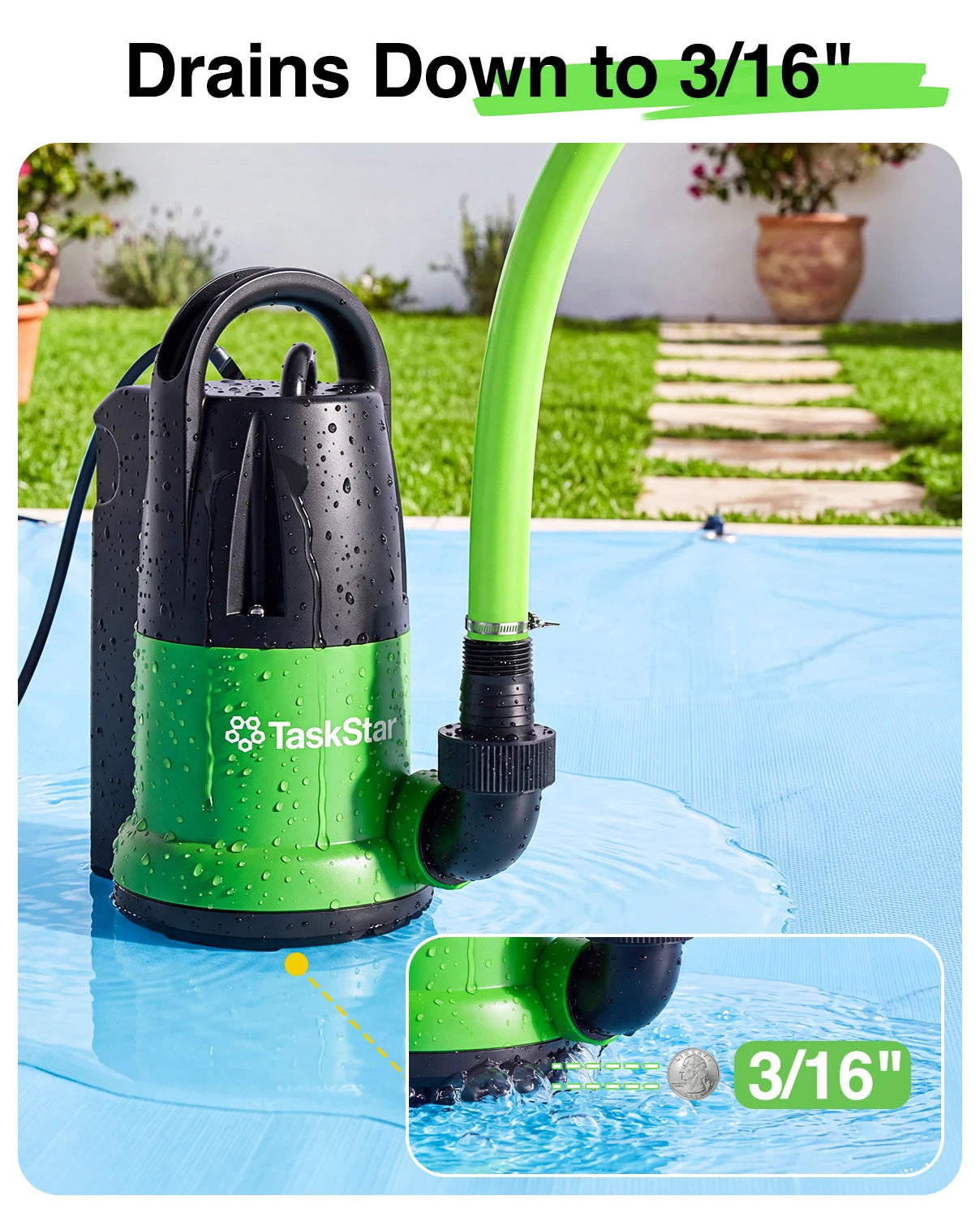 TaskStar 1HP Submersible Water Pump 4000GPH Sump Pump with 25Ft Long Cord Built‑in Vertical Float Switch 28Ft Max Lift for Basement Pool Hot Tub Yard Flood Drainage