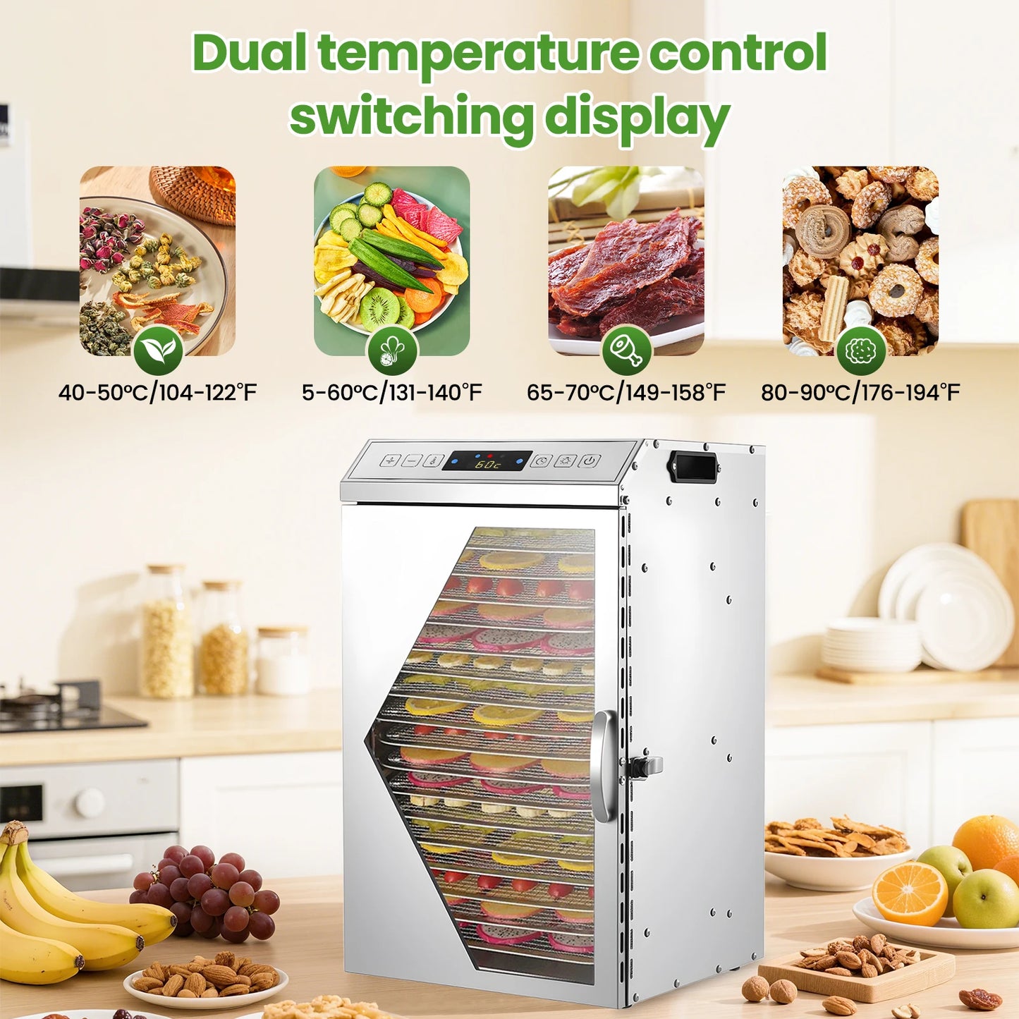 Stainless Steel Electric Food Dehydrator With Adjustable Thermostat