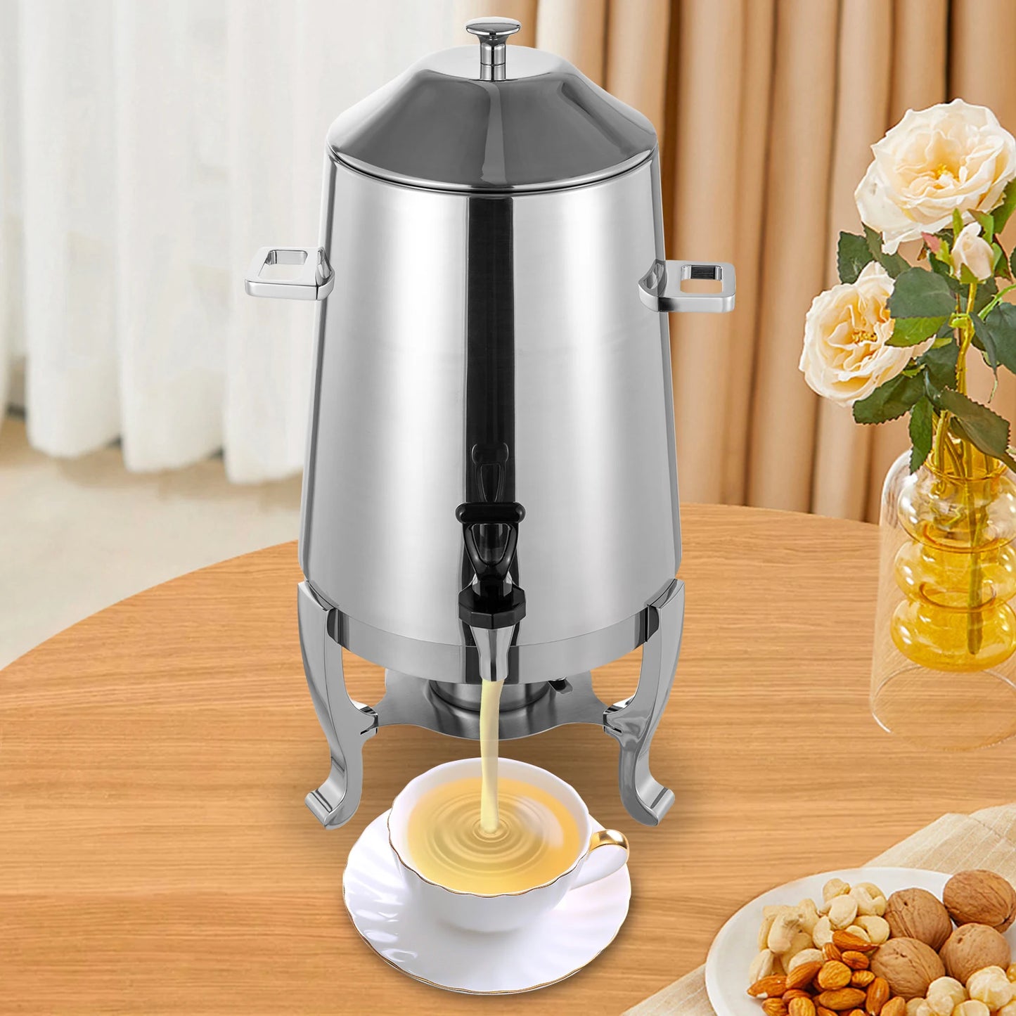 Alcohol Warmed Hot Drink Dispenser, Free Standing Stainless Beverage Container Insulated Anti-scald Handle Spill Control Tap Detachable Bottom Mounting Base Restaurant Buffet Milk Chocolate Holding Equipment
