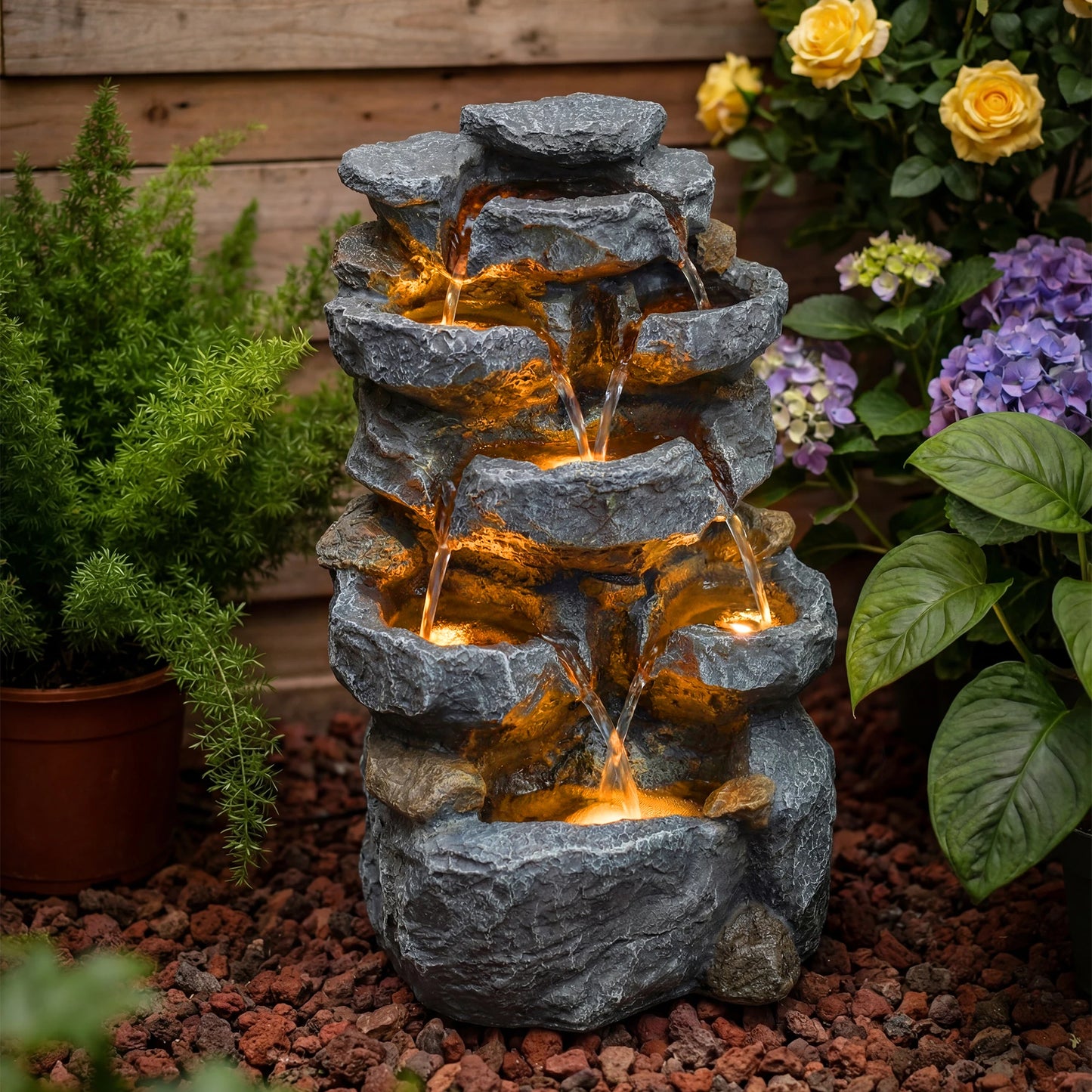 Cascading Rock Water Fountain With LED Lights For Outdoor Patio