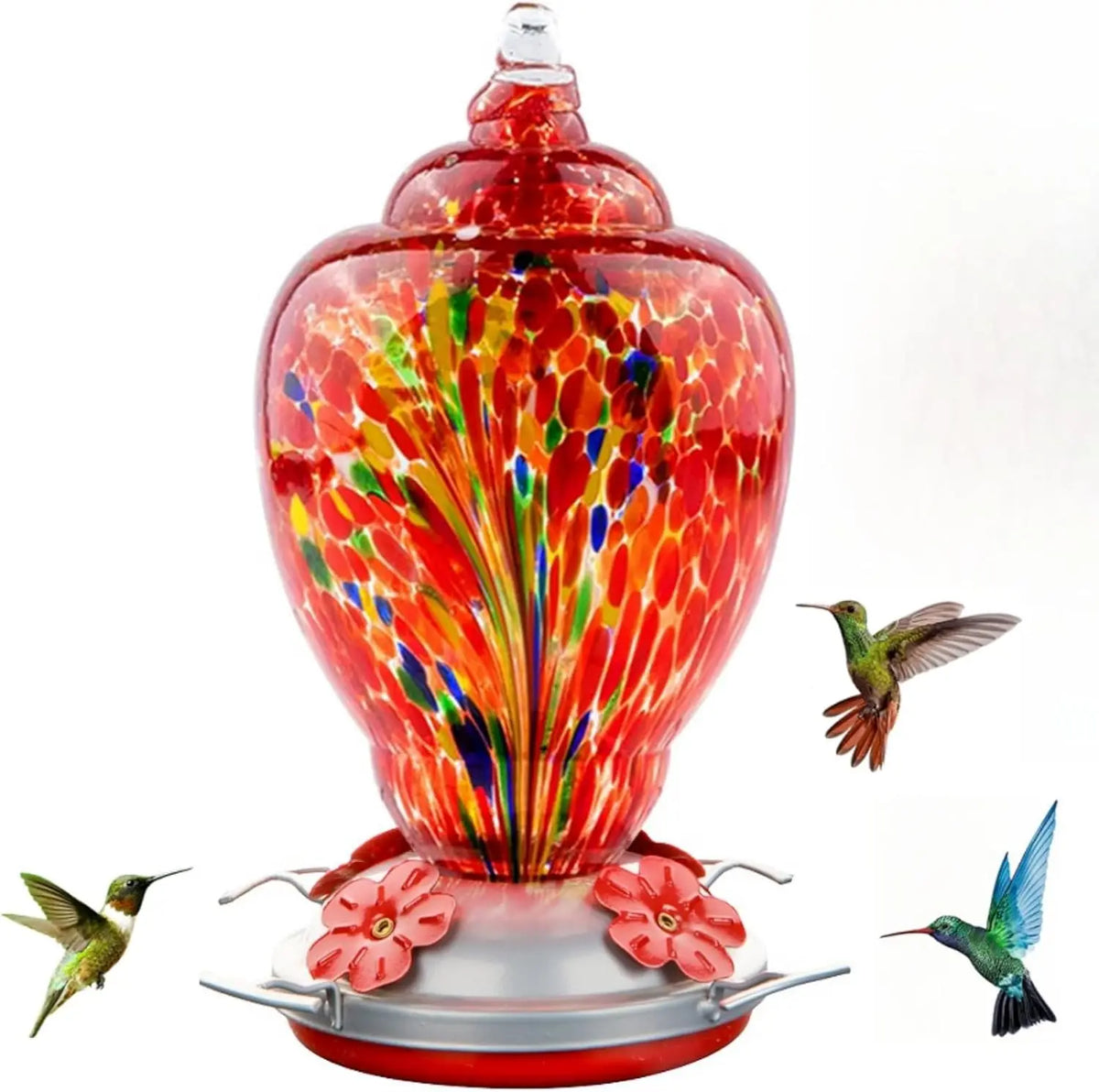 Hand Blown Glass Hummingbird Feeder With Ant Proof Tray