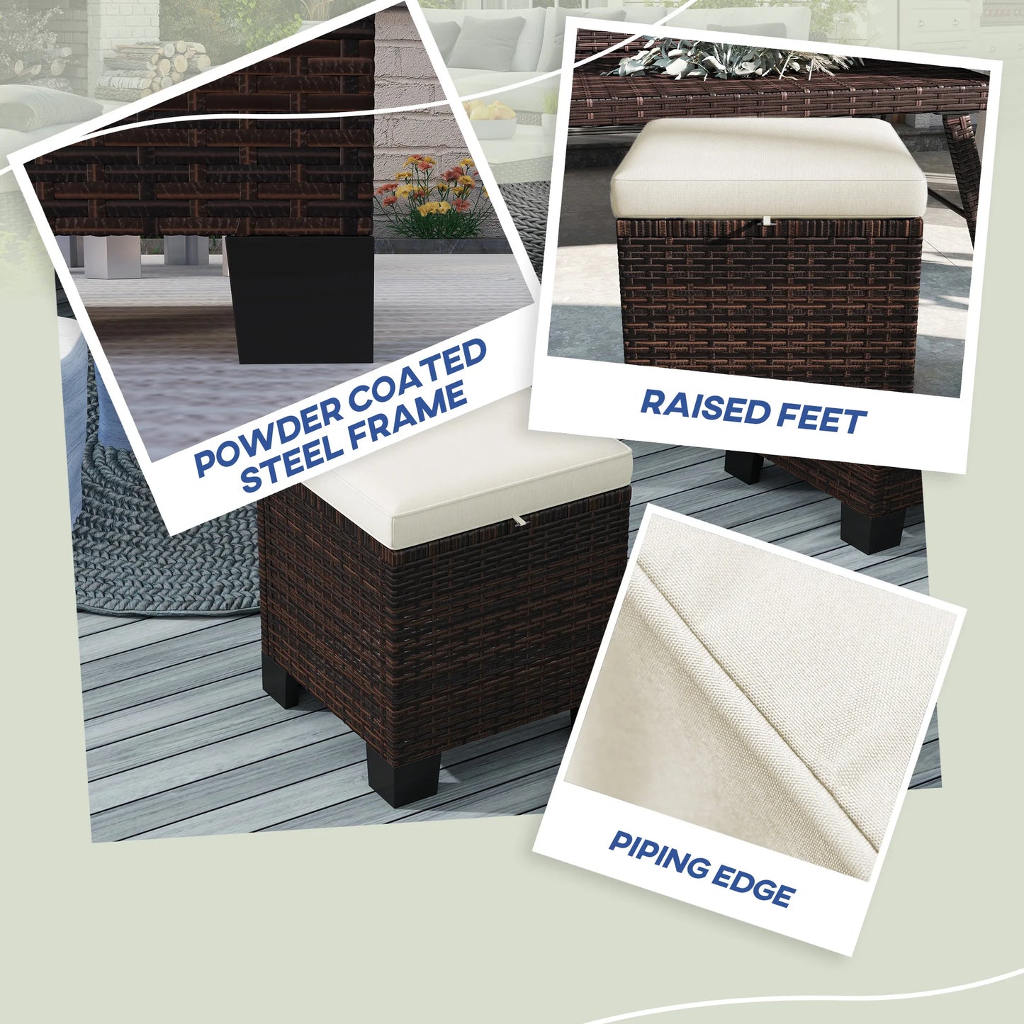 Wicker Outdoor Ottoman Footstool Set of 2 with Cushions, Beige