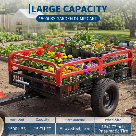 Heavy Duty Utility Trailer, 1500 LB Capacity, 15 Cu.Ft ATV Trailer Pull Behind with Removable Sides & All Terrain Tires, Lawn Tractor Dump Cart for Garden Yard