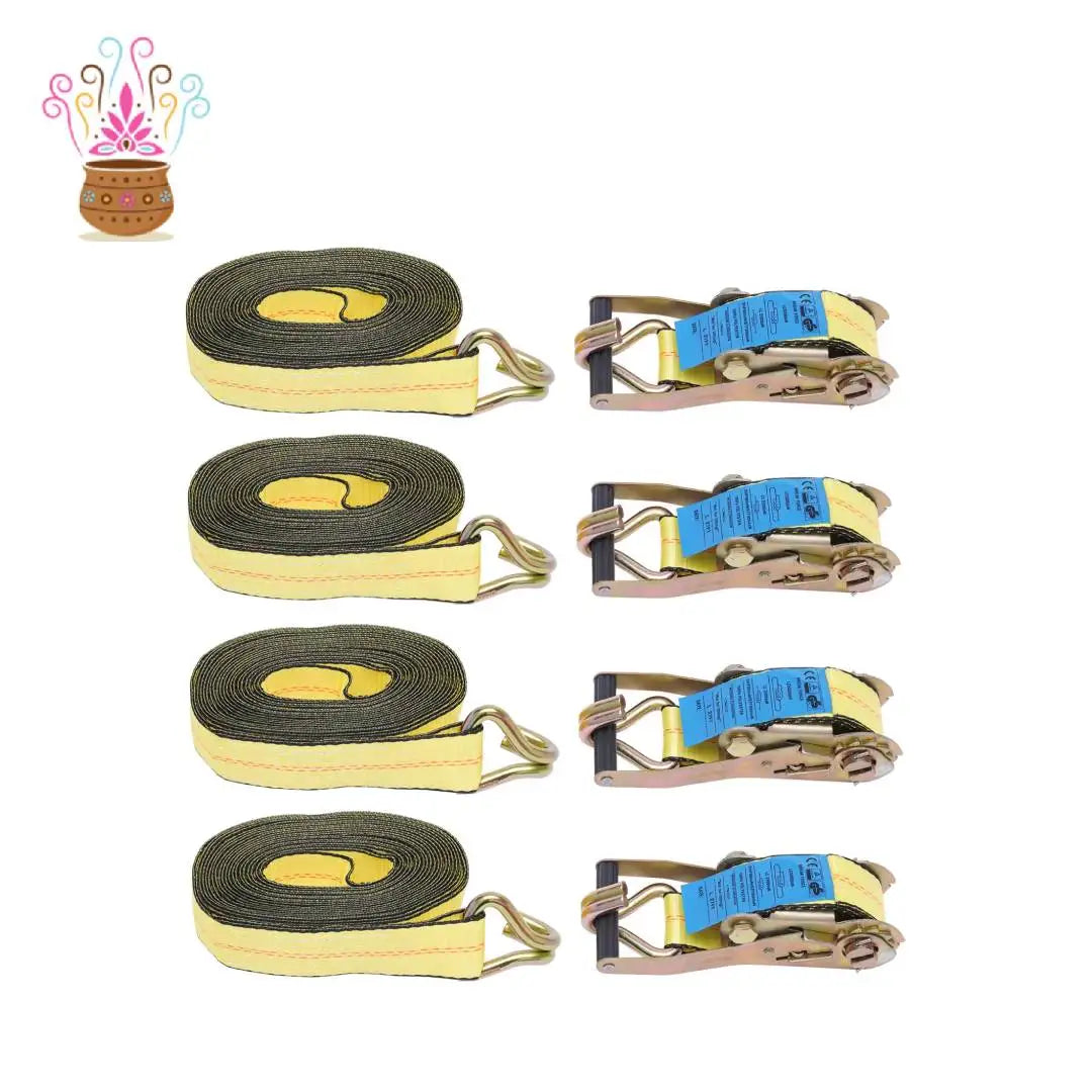 Ratchet Tie Down Strap Set, 4 Pieces Yellow Polyester Cargo Lashing Webbing 2Inch Width 27Ft Length Double Galvanized J Hook 5500Lbs Working Load Plastic Safety Release Lever For Truck Trailer Marine Cargo Fixing