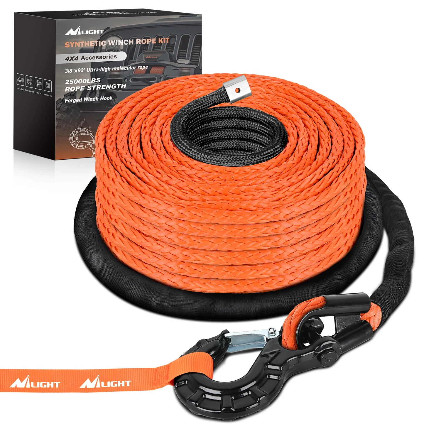 Nilight 1/2" x 92' Synthetic Winch Rope 32,000 lbs Winch Line Cable Ropes Kit with Protective Sleeve 35000lb Heavy Duty Winch Hook for SUV 4WD Off Road Vehicle Truck ATV UTV, Black & Orange