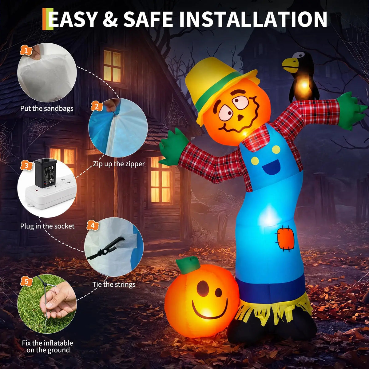 HiMISS Halloween Pumpkin Scarecrow Inflatable Outdoor Decor With LED Lights