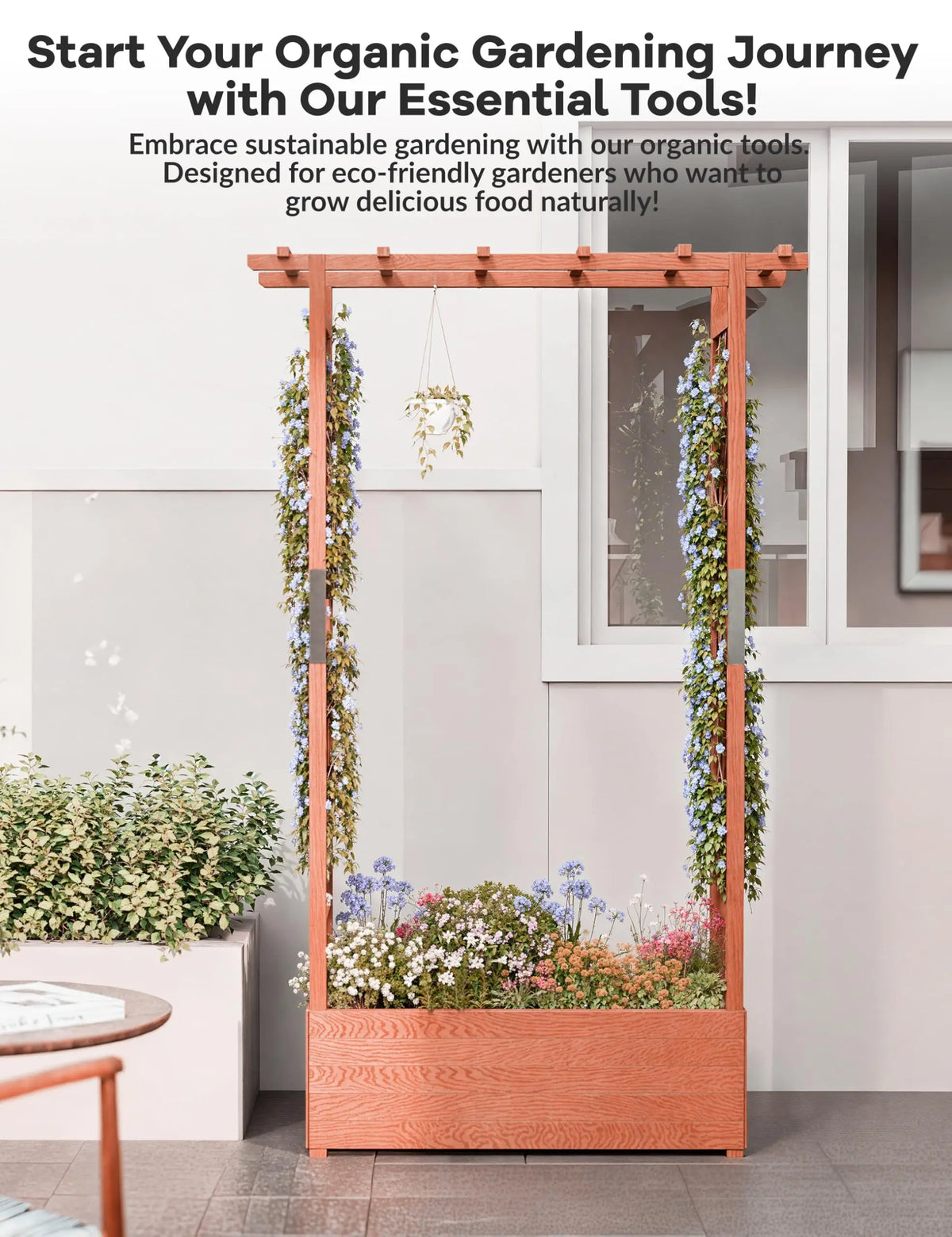 HiMISS Elevated Wooden Raised Garden Bed Trellis Planter