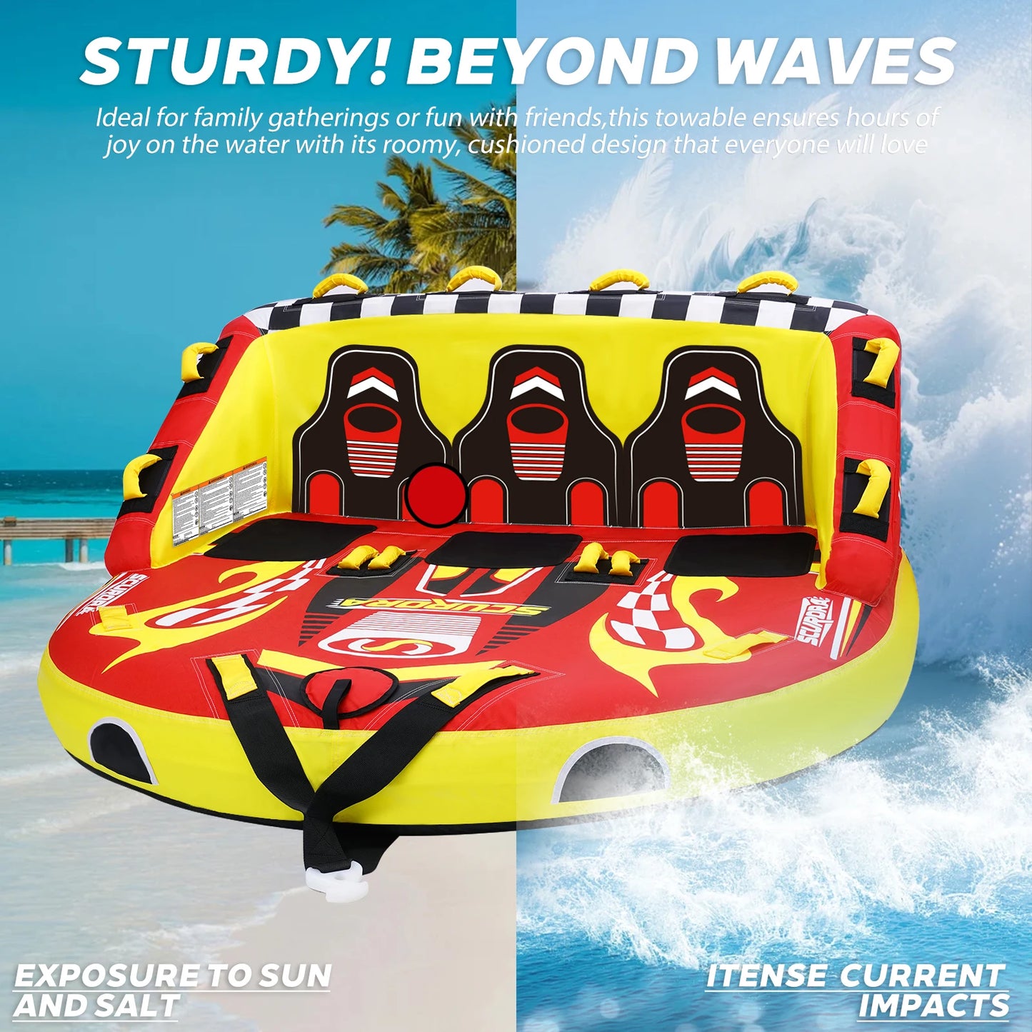 3 Person Towable Tube for Boating, Inflatable Sofa Boat Tube with Front & Back Tow Points, 0.65mm PVC & 840D Nylon Cover, for Lake River Water Sports Fun