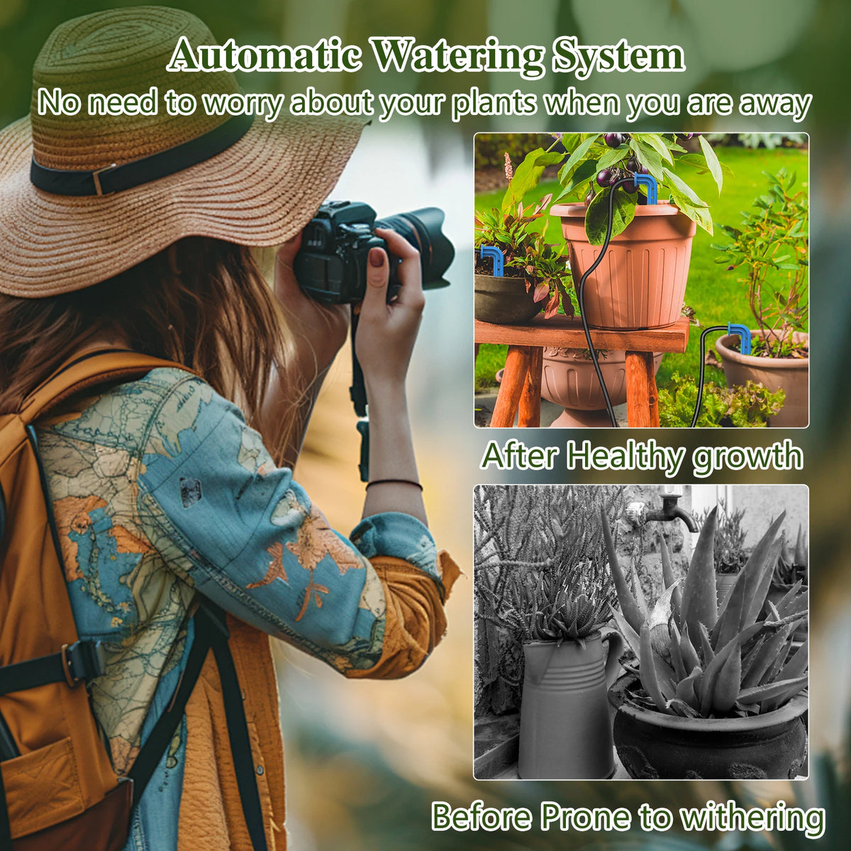 Solar Drip Irrigation Watering Sytem, with Dual Supply Option Solar-Powered&USB Charging, Multiple Watering Programs, DIY Watering Kit with Alarm Clock&15 Dripper for Potted Plants/Garden/Lawn ﻿