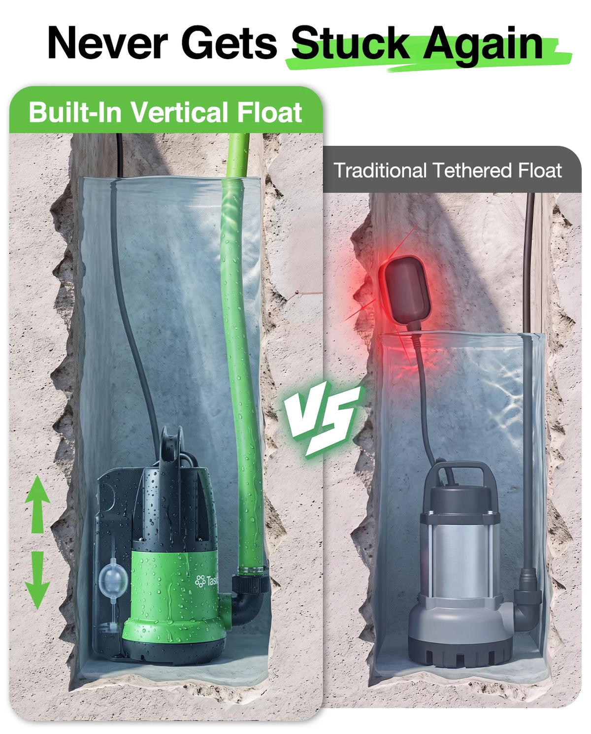 TaskStar 1HP Submersible Water Pump 4000GPH Sump Pump with 25Ft Long Cord Built‑in Vertical Float Switch 28Ft Max Lift for Basement Pool Hot Tub Yard Flood Drainage