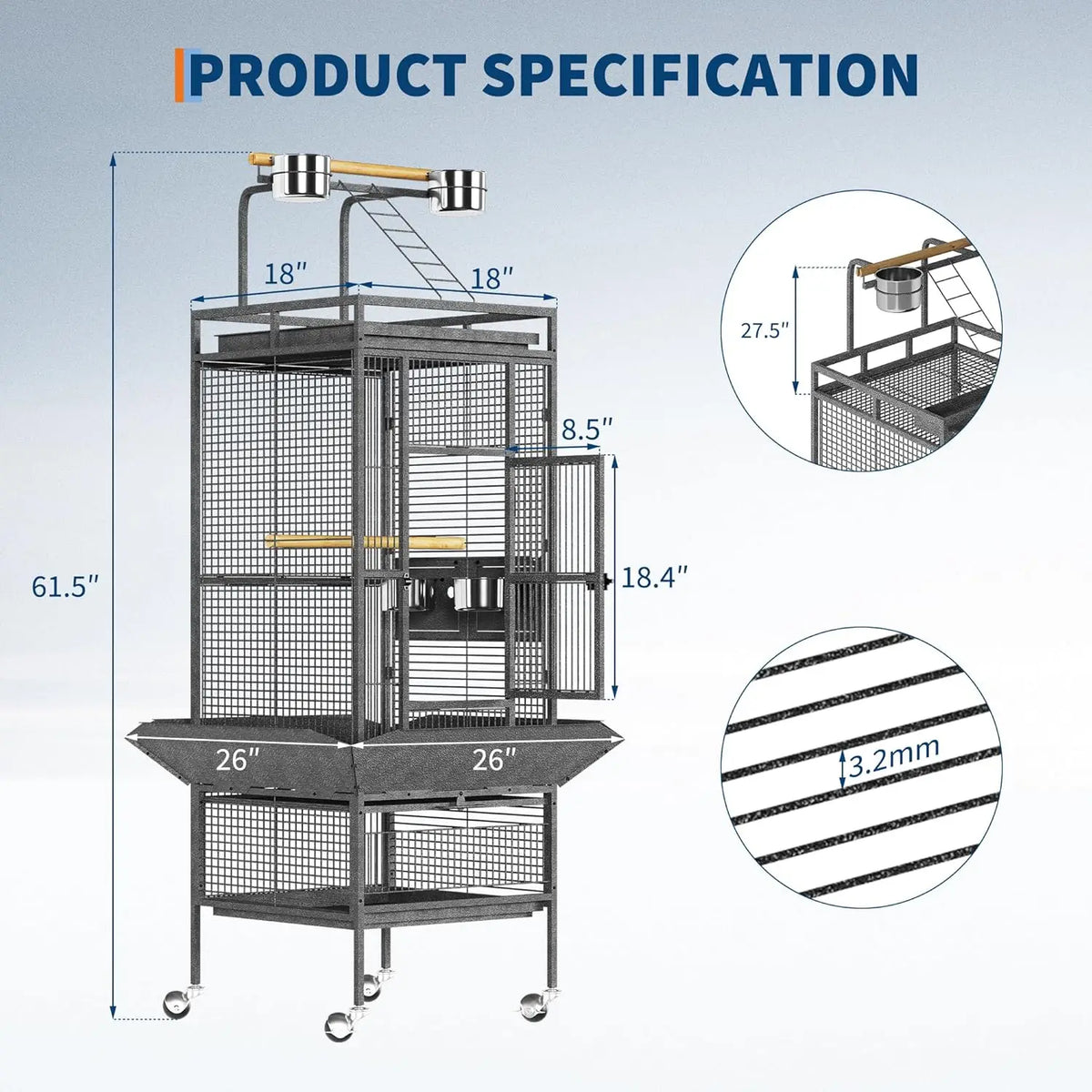 HiMISS Rolling Flight Bird Cage With Play Top Wooden Perches