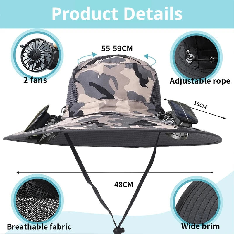 Solar Powered Cooling Fan Hat With UV Protection For Camping