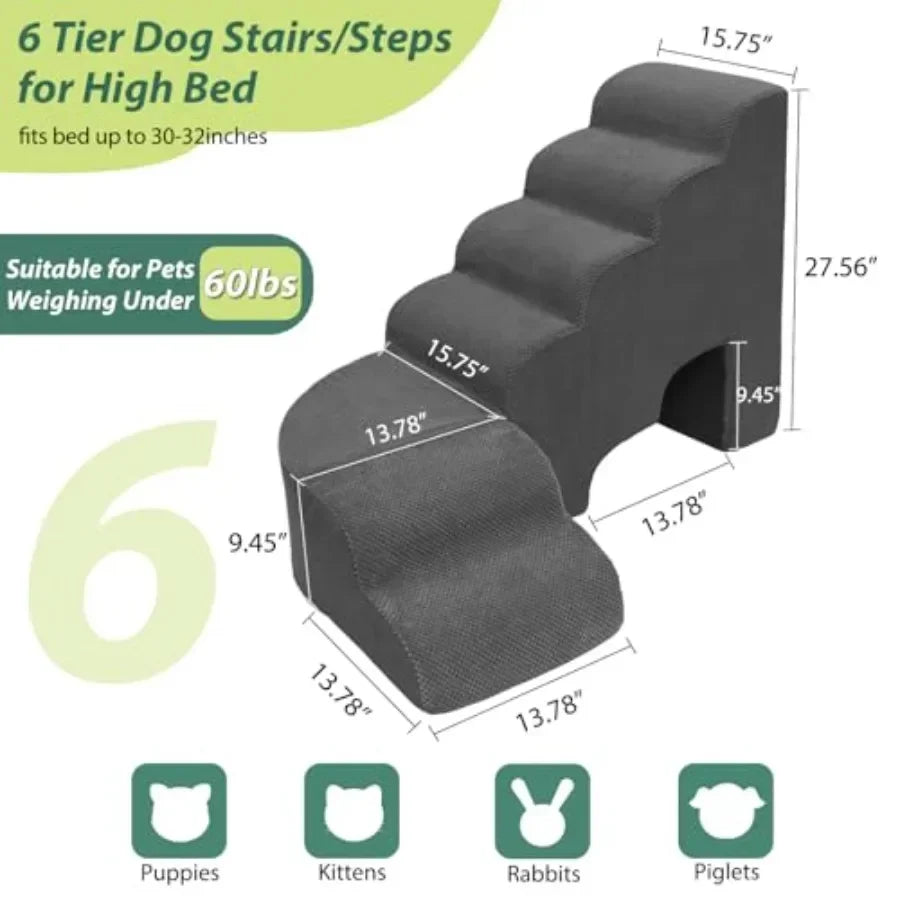 Dog Stairs for High Bed 28-32 Inches Tall, 6 Tier Pet Stairs for Small Dogs Indoor Use, Polyester Fabric, Gray, Non-Slip Surfac