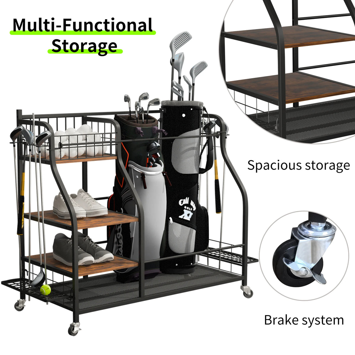 Metal Rolling Golf Bag Storage Shelf Rack With Wheels