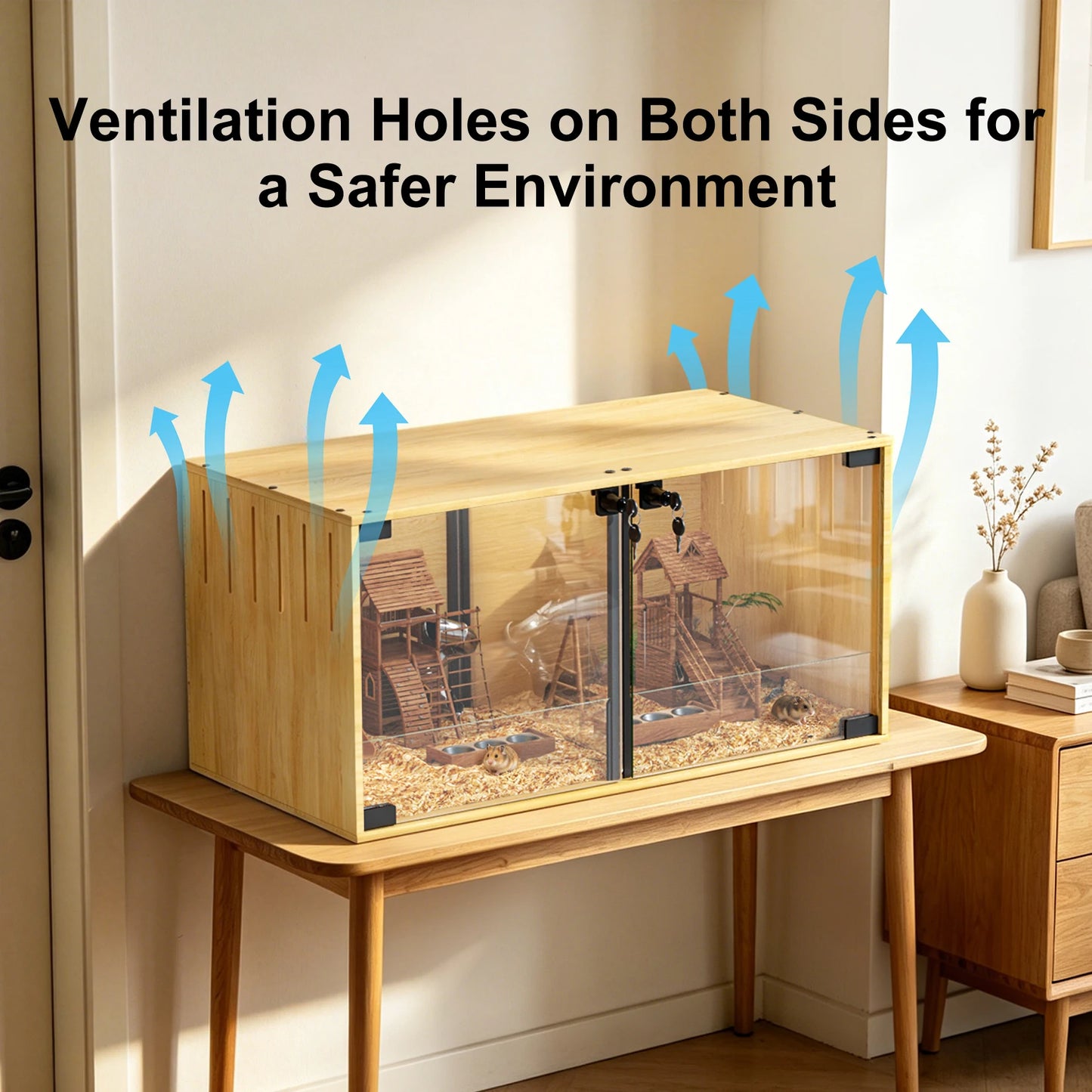 Wooden Hamster Cage Chew Proof Enclosure With Removable Divider