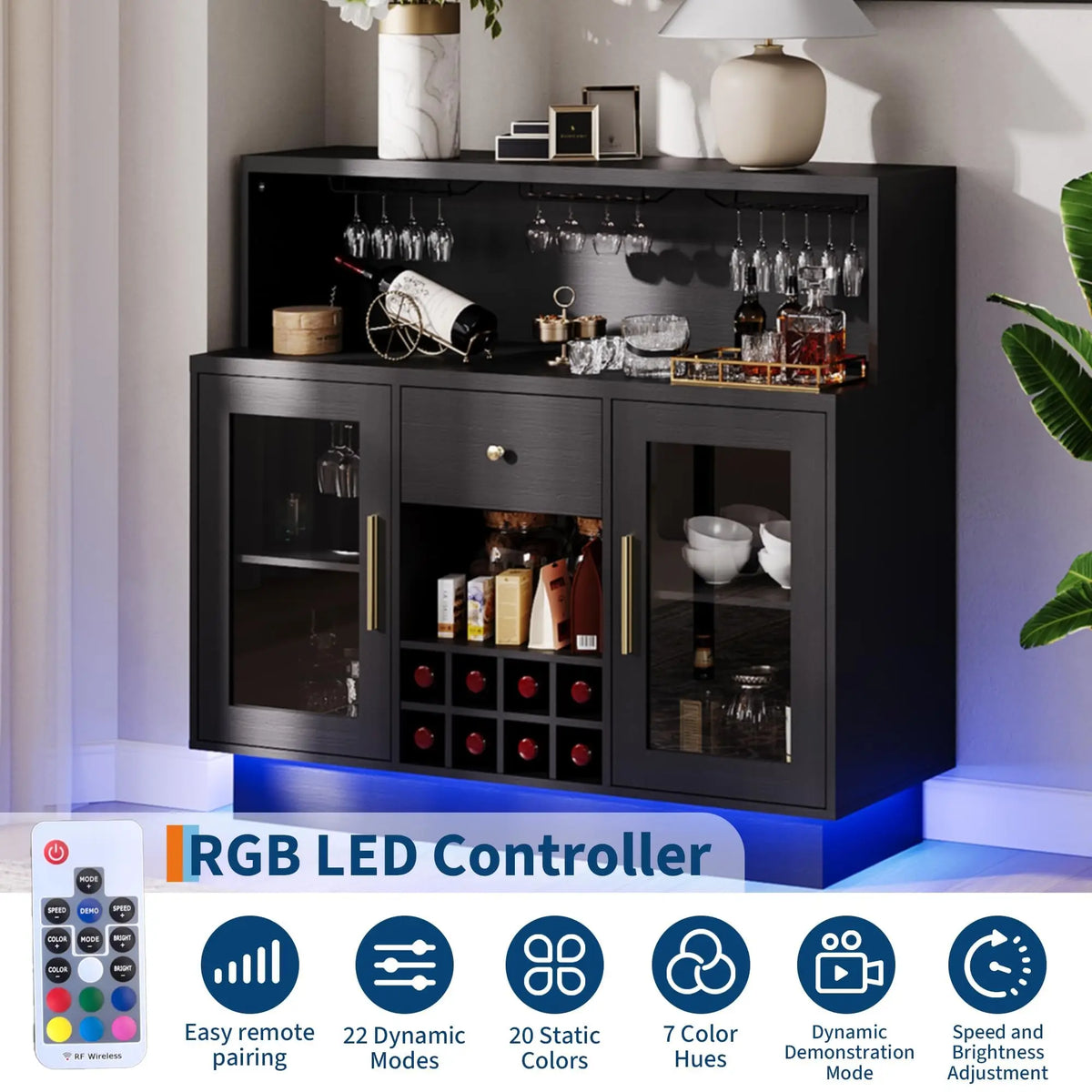HiMiss LED Wine Bar Cabinet Glass Doors Charging Station