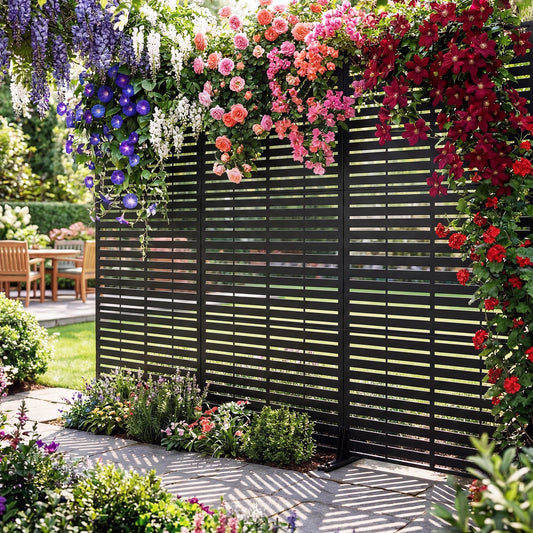 Freestanding Metal Outdoor Privacy Screen Fence - 78" H x 48" W - Rustproof Steel Divider, Modern Laser Cut, Weatherproof, Decorative Panel for Patio, Garden, Balcony, Pool, Room, Hot Tub