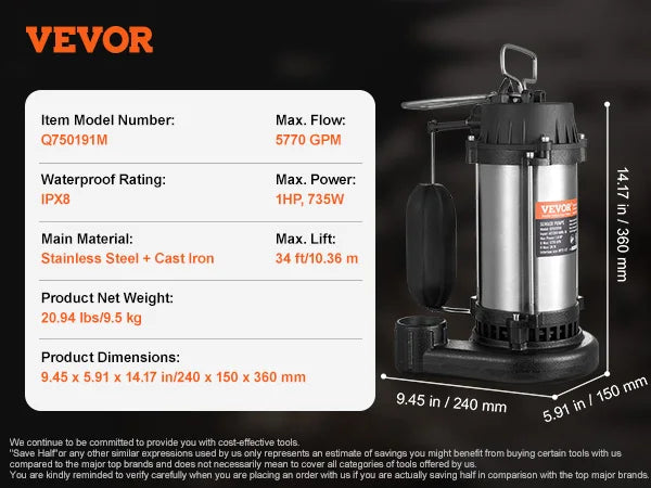 SucceBuy Submersible Sewage Pump Cast Iron with Automatic Float Switch Stainless Steel for Clean Flooded Basement Yard Farm