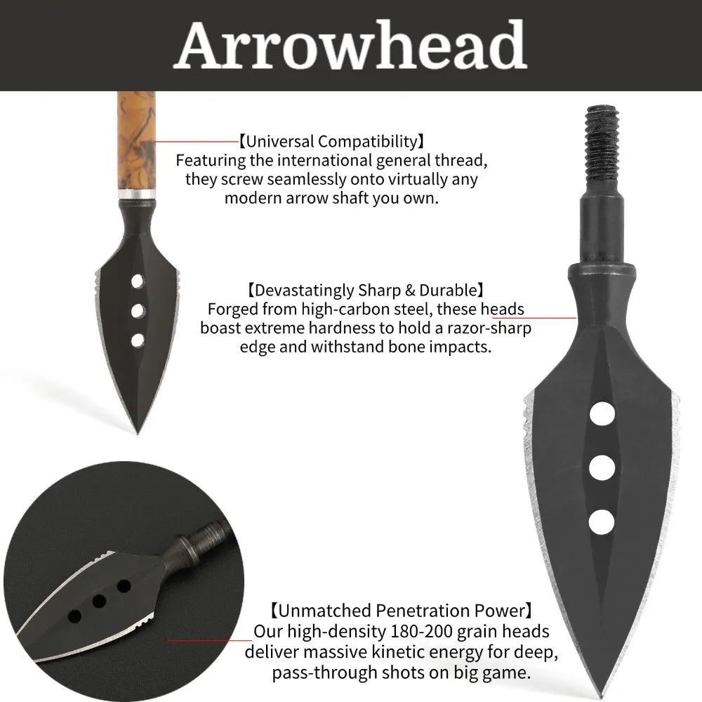 Hunting Broadheads Archery Arrowheads High Carbon Steel 180-200 Grain Retro Arrow Tips Fit Compound Recurve Bow