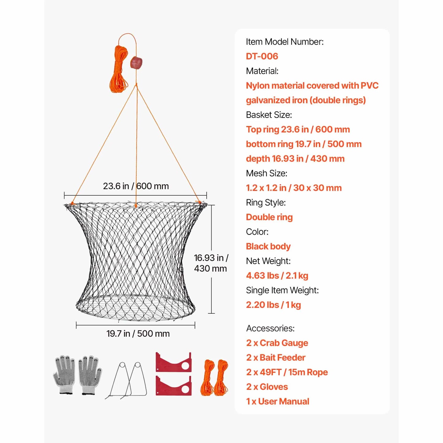 Galvanized Double Ring Foldable Crab Trap Fishing Kit With Gauge