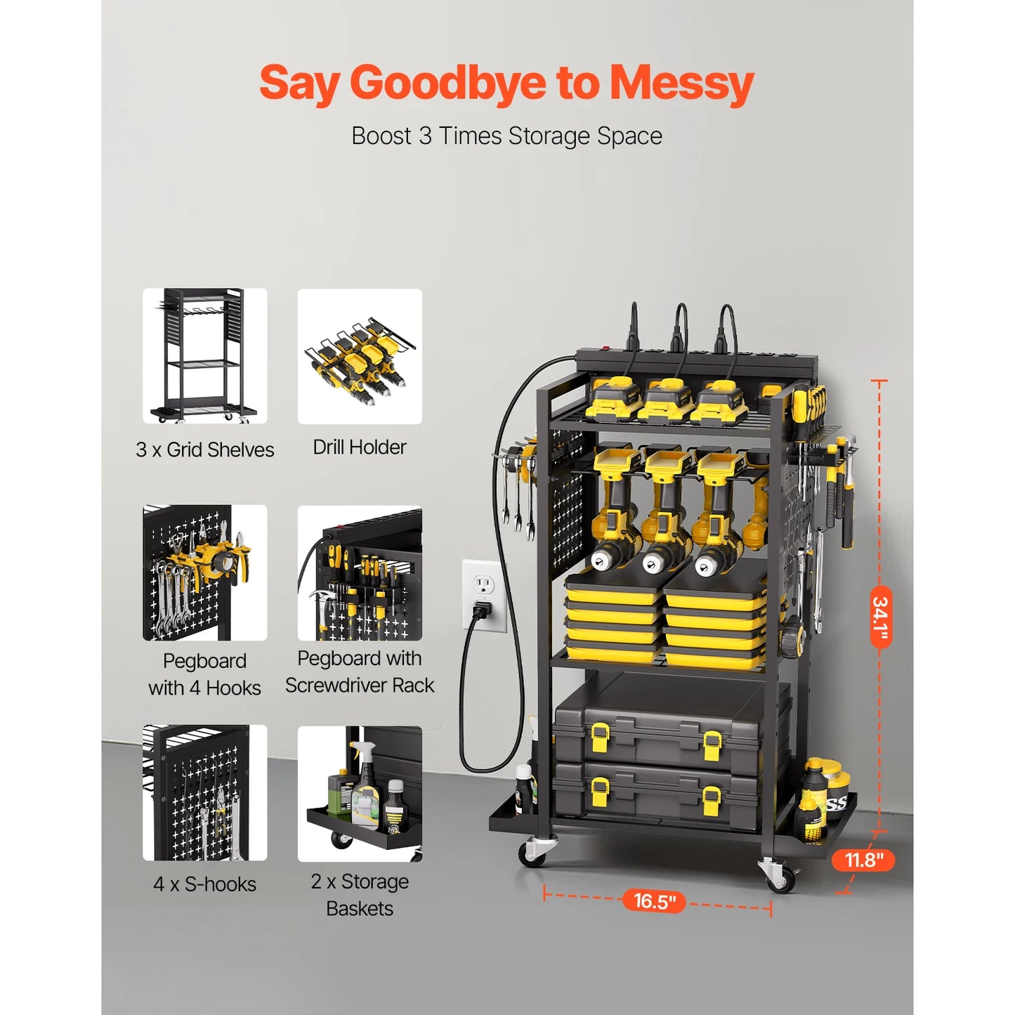 Rolling Tool Organizer Cart With Integrated AC Charging Station