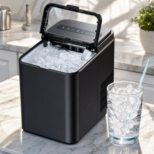 Ice Maker Countertop, 8 Ice Cubes in 6 Mins, 26.5 Lbs/24H, 2 Bullet Ice Sizes, Self-Cleaning Bullet Ice Maker, Portable Ice Machine for Kitchen, Party, Office, and RV Camping