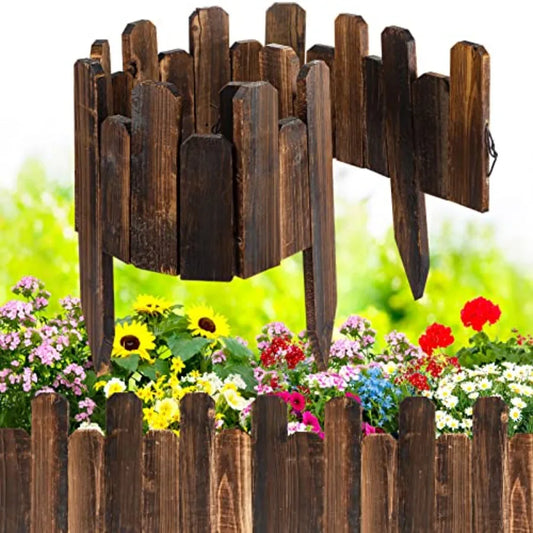 12 Pcs Staggered Wood Garden Edging Border Short Picket Fence Burnt Wood Finish Outdoor Landscape Flower Bed Decorativ
