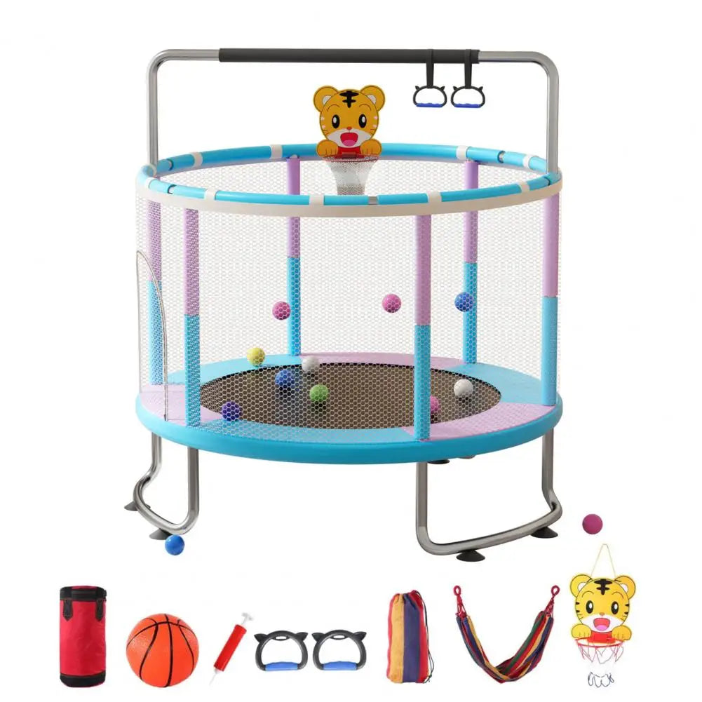 5FT Kids Trampoline, Adjustable Baby Toddler Trampoline with Basketball Hoop, Swing, Sandbag, Ocean Balls, 440lbs Indoor Outdoor