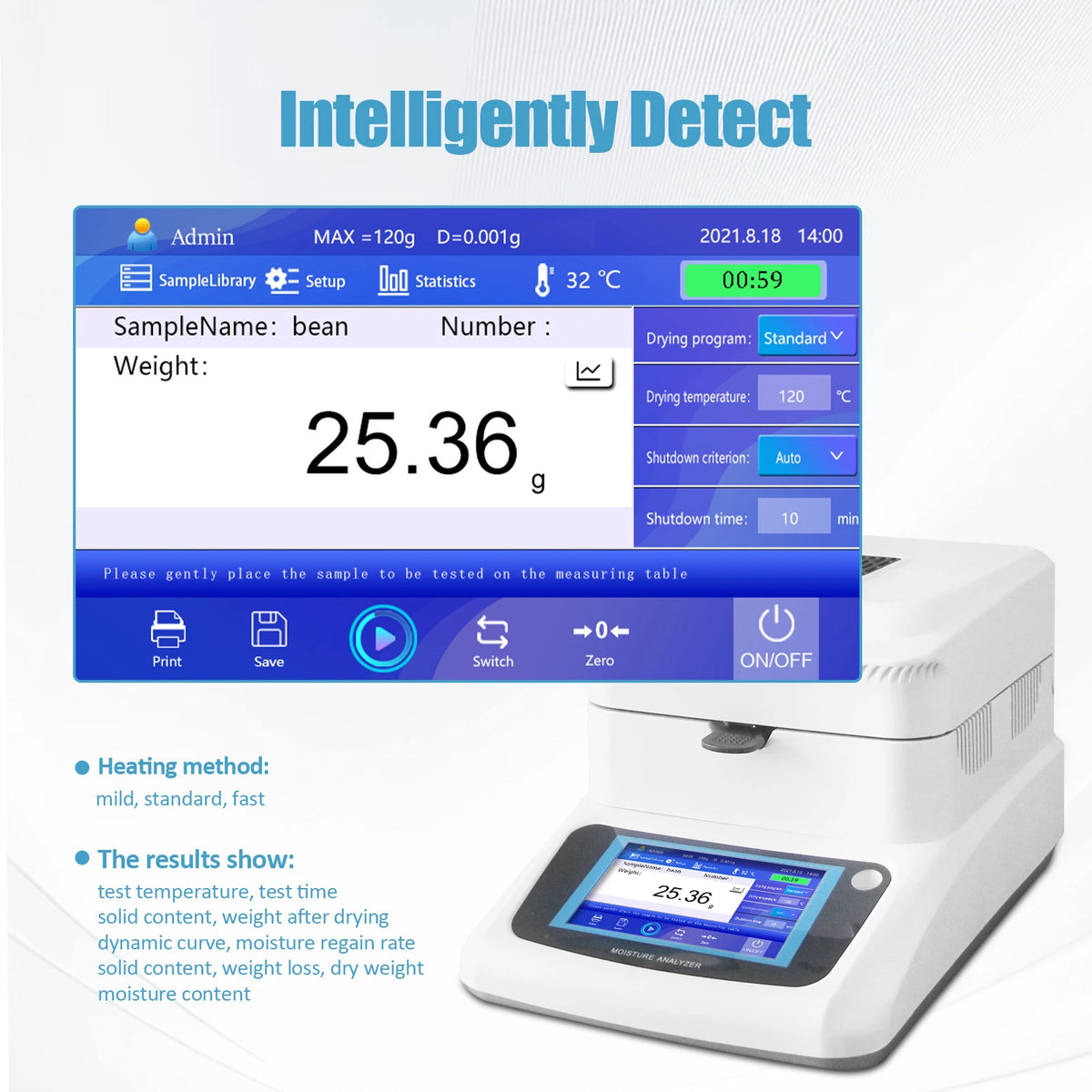 Moisture Analyzer, 0.001g Accuracy Grain Moisture Meter, 120g Capacity Lab Moisture Analyzer Meter with RS232 Interface for Rapid Moisture Test