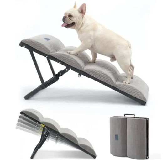 Dog ramp for bed and couch use, aluminum alloy frame, black color, foldable with 5 adjustable heights 12 to 20,non-slip surface