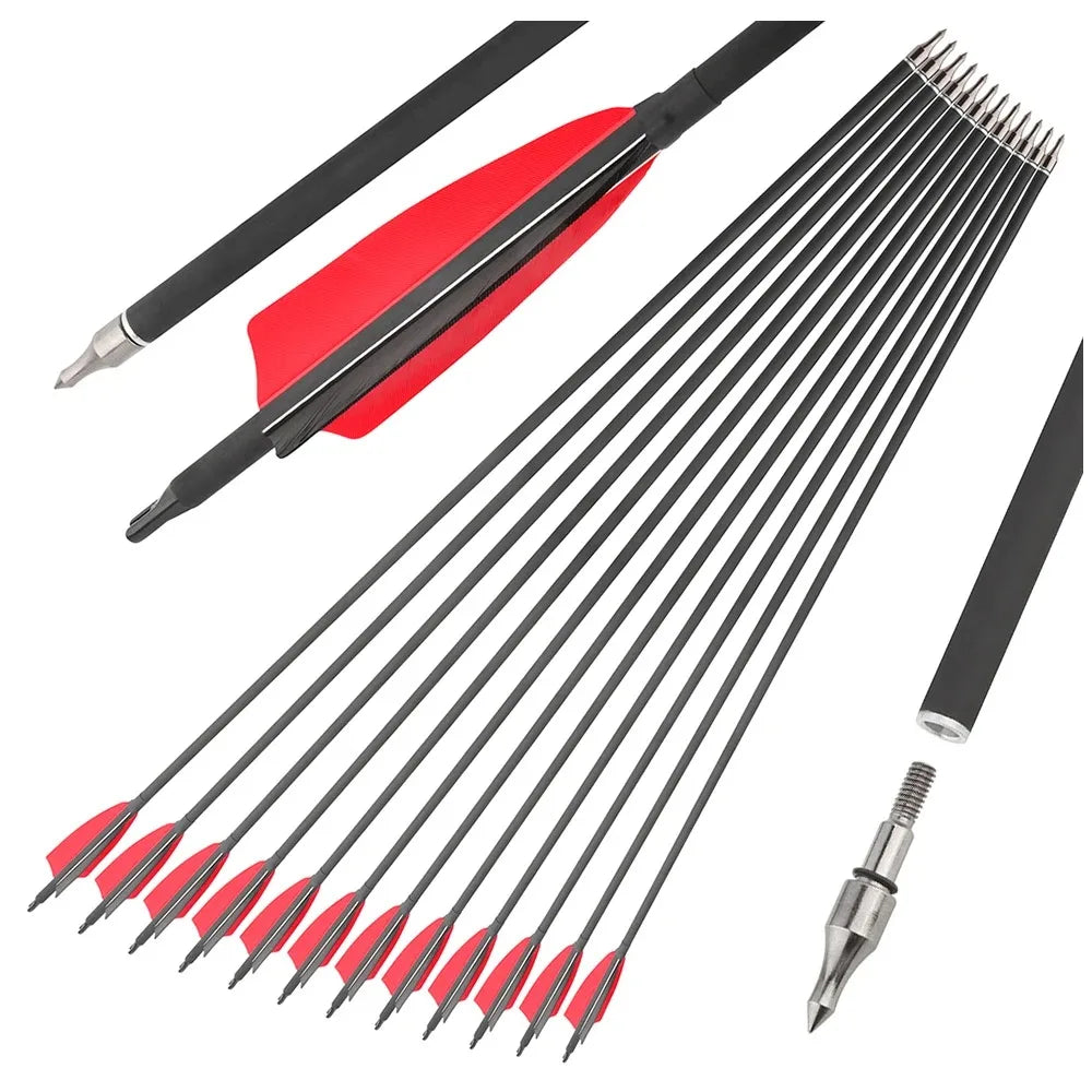 12pcs Archery Mixed Carbon Arrows Spine 500 ID6.2mm OD7.8mm 4 Inch Shield Turkey Feathers 100 Grain Tips for Compound Recurve Bow Hunting Shooting