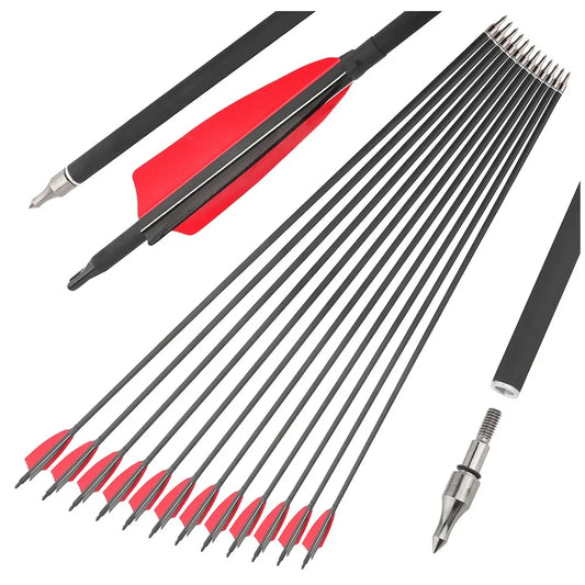 12pcs Archery Mixed Carbon Arrows Spine 500 ID6.2mm OD7.8mm 4 Inch Shield Turkey Feathers 100 Grain Tips for Compound Recurve Bow Hunting Shooting