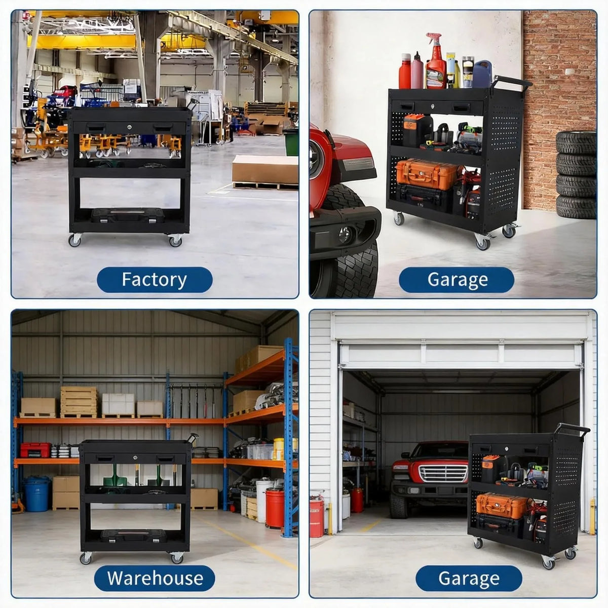 Three Tier Steel Rolling Tool Cart With Locking Casters