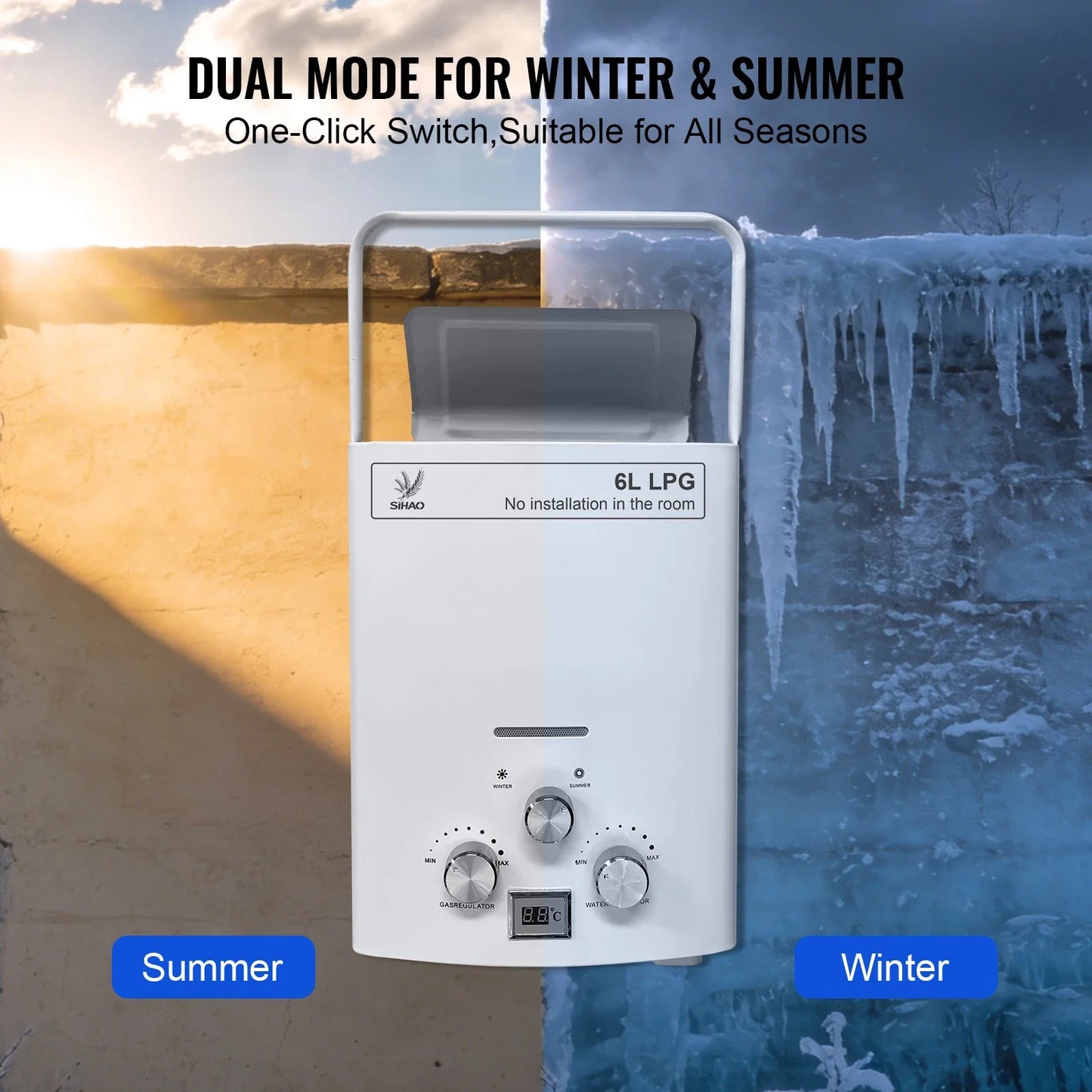 SIHAO 6L Instant Gas Water Heater with Digital Display — Portable Tankless LPG Heater for Outdoor Camping, Car Travel, RV, and Home Bathroom Hot Water Supply