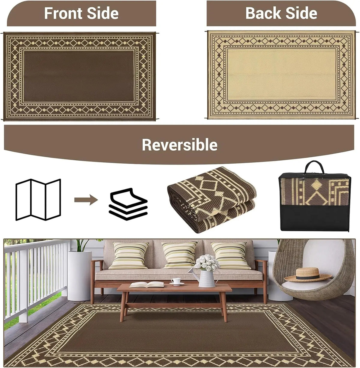 9x18 Waterproof Reversible Outdoor Rug – Diamond Border Plastic Straw Patio Mat, for RV, Deck, Porch, Picnic, Balcony & Beach, Coffee